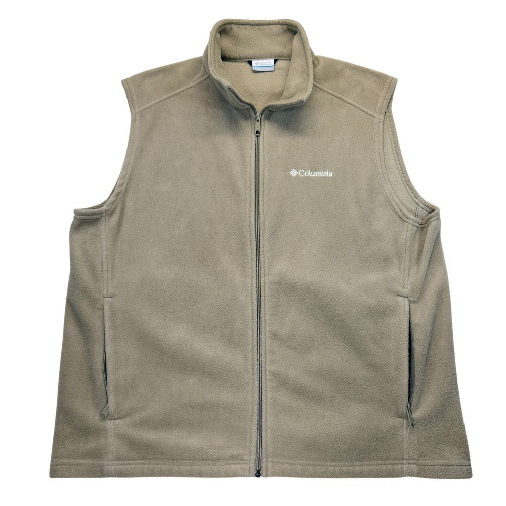Columbia Fleece Vest Mens XL Beige Tan Full Zip Pockets Outdoor Hiking